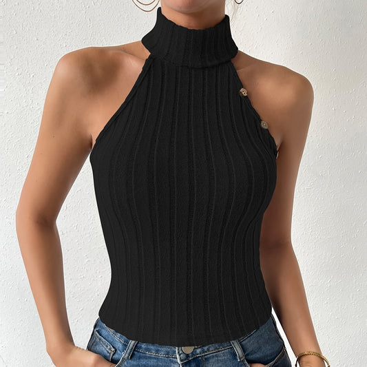 Stylish 3Sixty5 ribbed knit top in black with a high neck and stylish button details