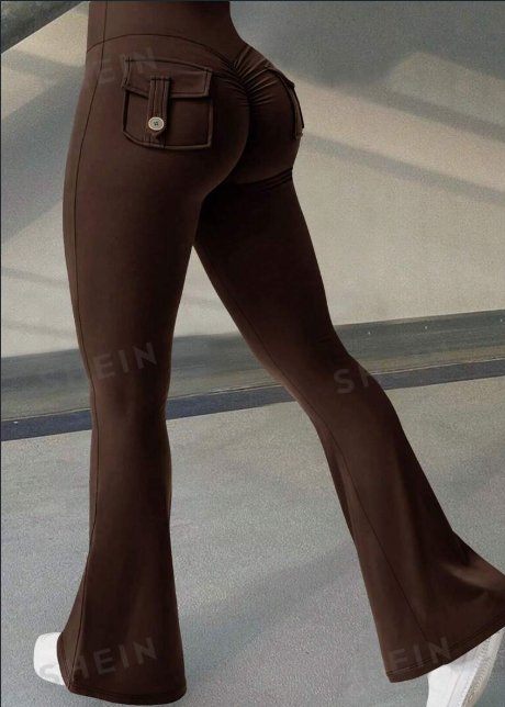 Brown Booty Boost Yoga Pants with Flared Legs and Stylish Back Pockets