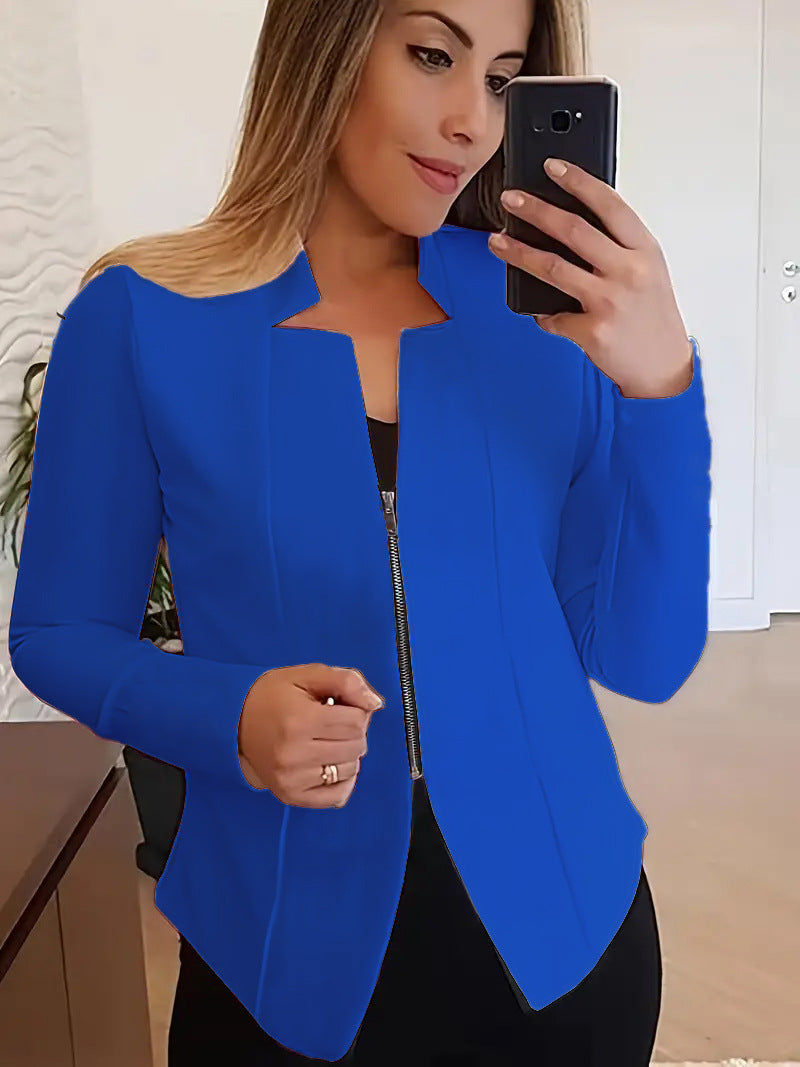 Sleek women's zip jacket in vibrant blue with a fitted design and stylish cut