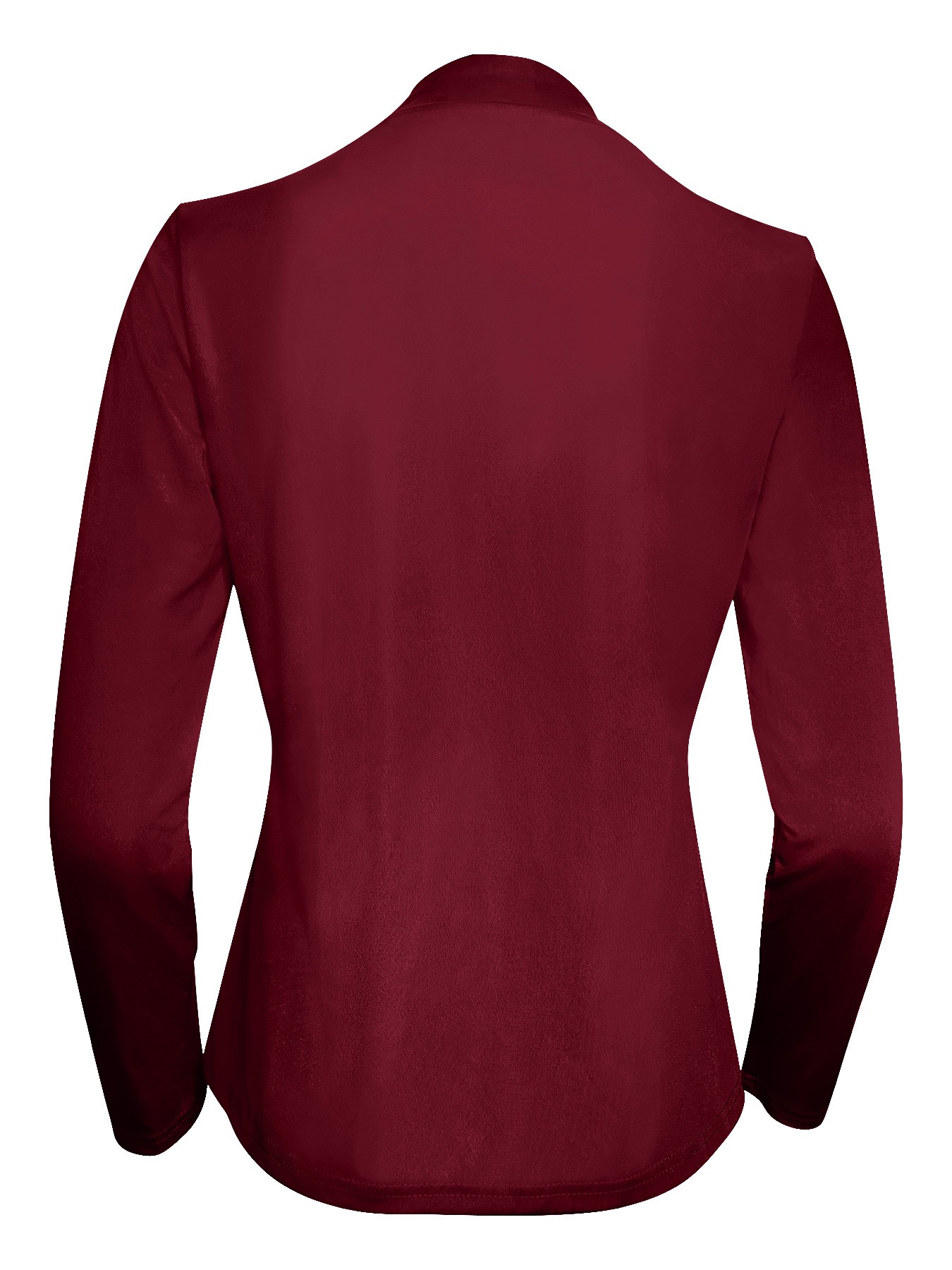 Back view of a burgundy sleek women's zip jacket by Stylish 3Sixty5 featuring a modern design