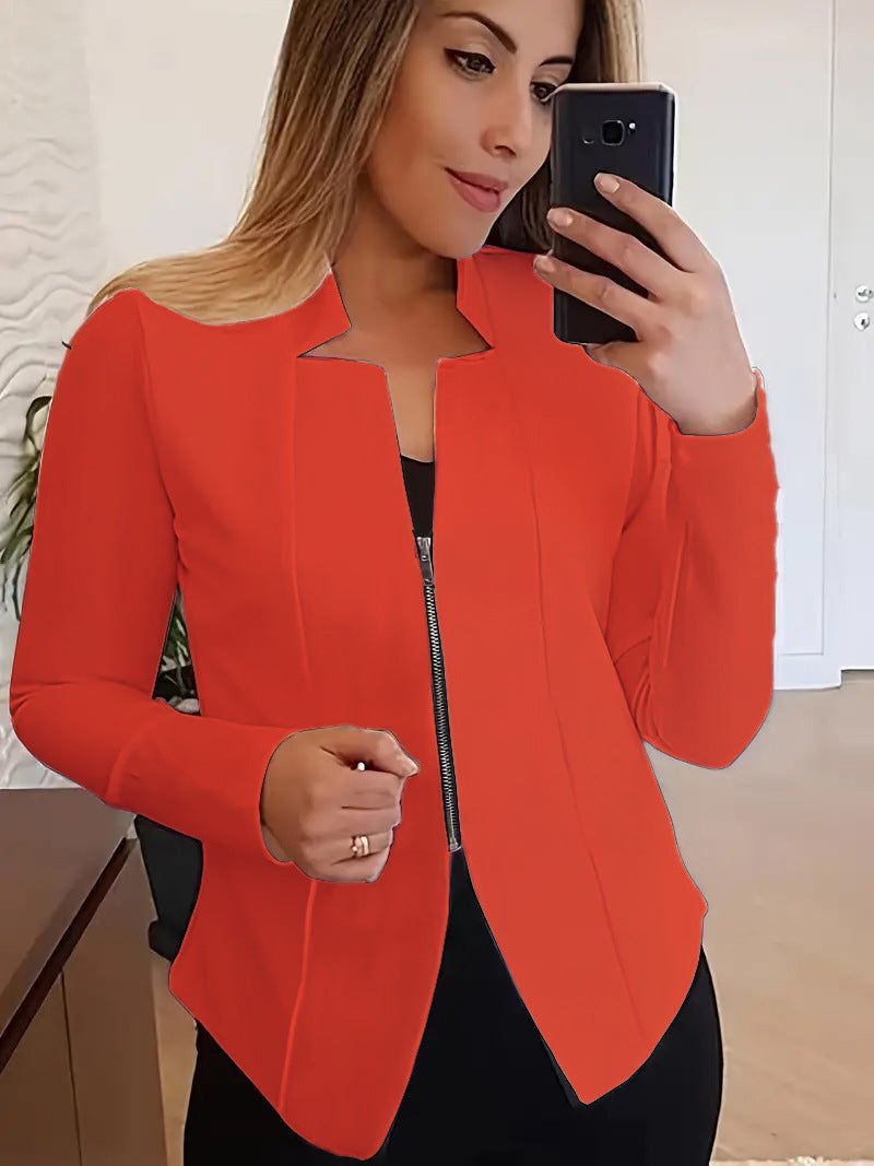 Sleek women's zip jacket in vibrant orange featuring a modern fit and stylish design.