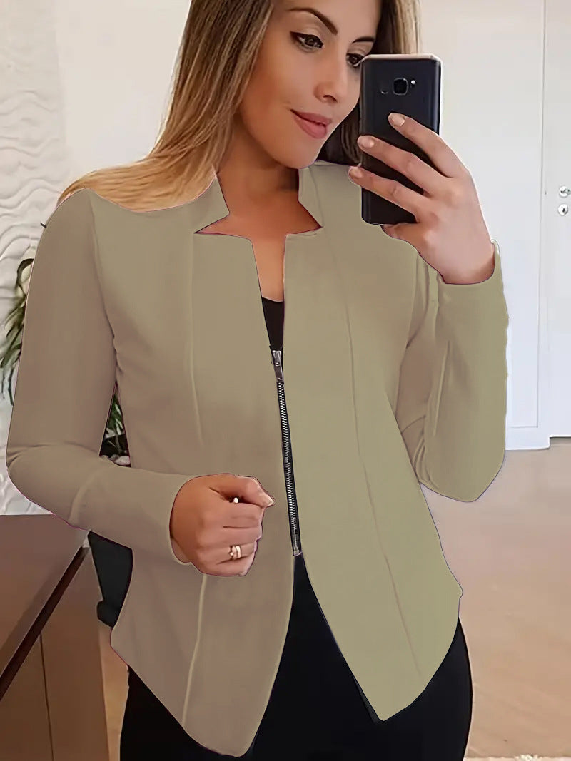 Sleek women's zip jacket in beige with a modern cut and stylish design for versatile wear