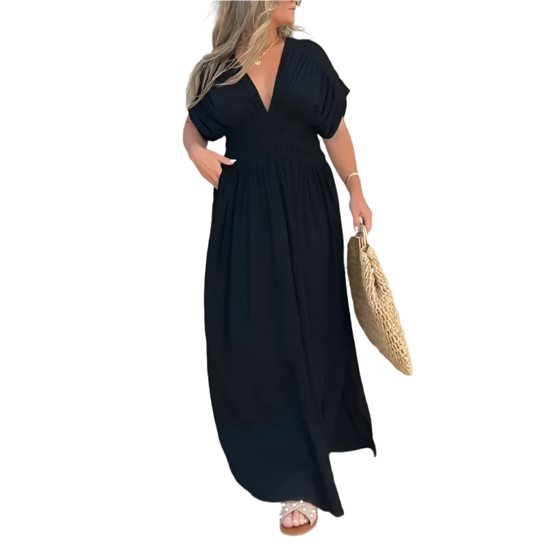 Stylish 3Sixty5 Black Slit Summer Dress with a V-neck and flowing skirt for casual outings