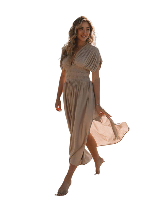 Elegant Stylish 3Sixty5 slit summer dress in beige with a flowing silhouette for warm weather