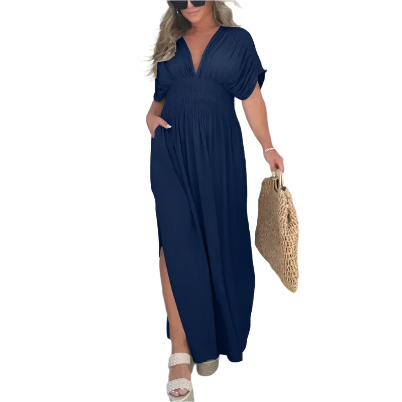 Stylish 3Sixty5 navy slit summer dress with short sleeves and a flattering silhouette