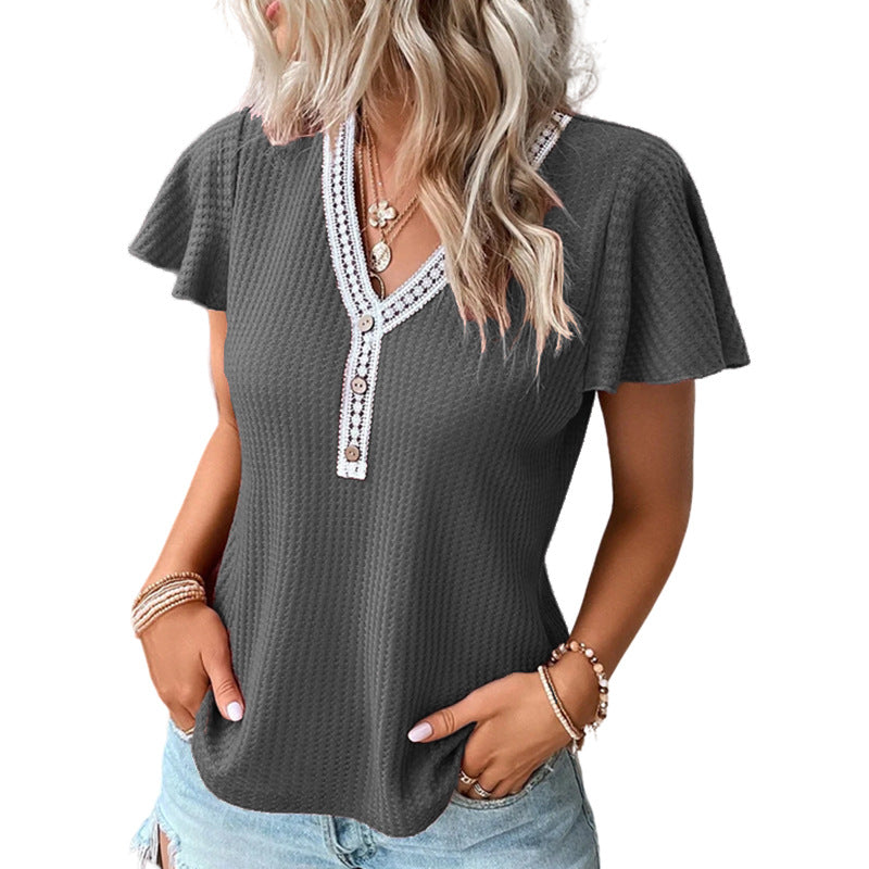 Stylish 3Sixty5 soft waffle texture T-shirt in gray with flutter sleeves and decorative buttons