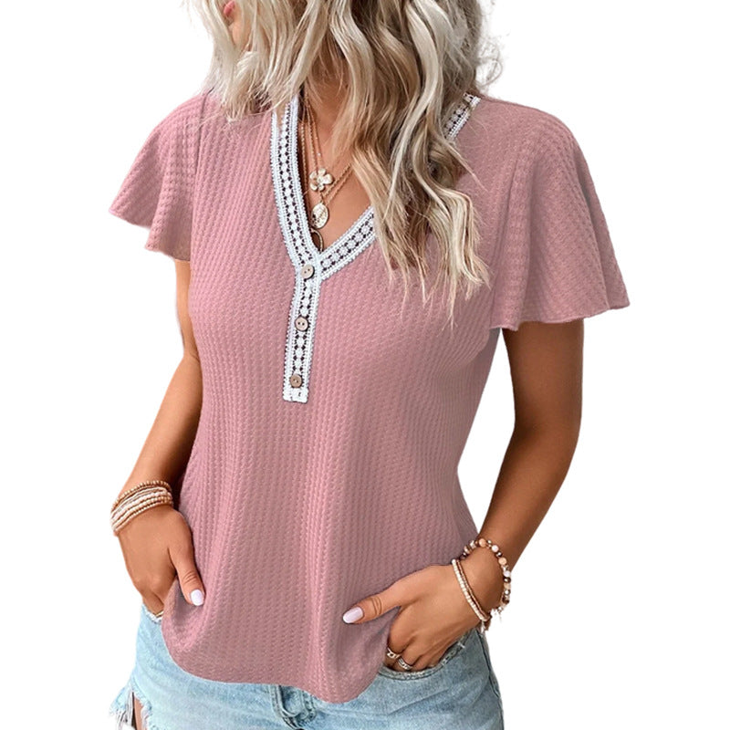Stylish 3Sixty5 soft waffle texture T-shirt in pink with flutter sleeves and decorative buttons