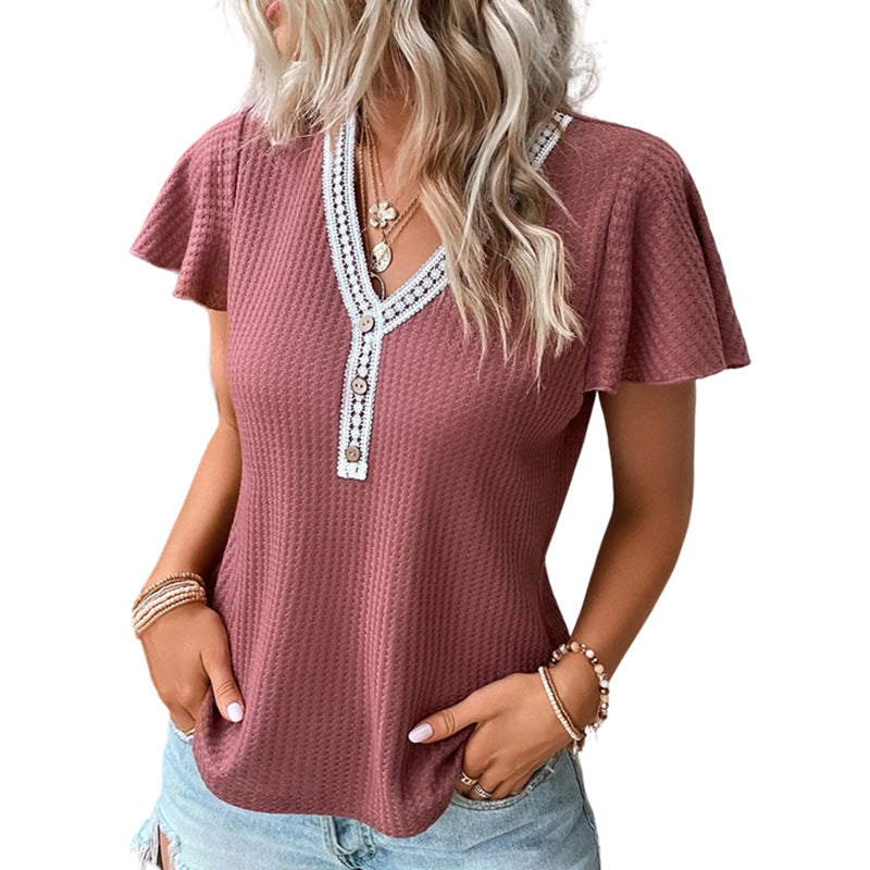 Stylish 3Sixty5 soft waffle texture T-shirt in pink with decorative buttons and ruffled sleeves