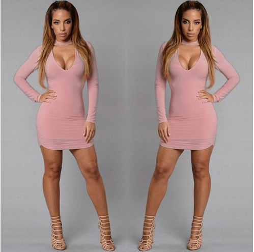 Pink Stylish 3Sixty5 sparkle cocktail dress with long sleeves and a plunging neckline