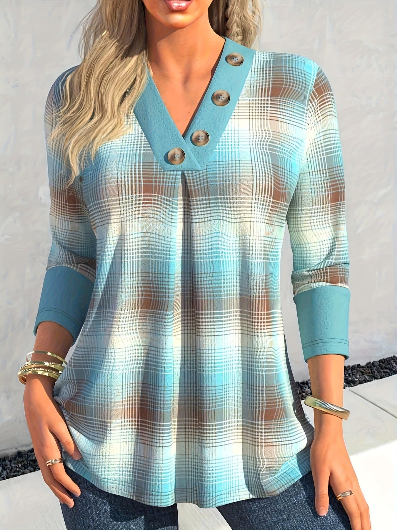 Stylish 3Sixty5 statement knitwear style top in blue and plaid pattern with button details