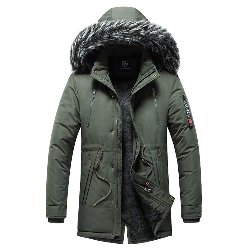 Stylish men's winter coat in green with fur-lined hood and multiple pockets for warmth and style