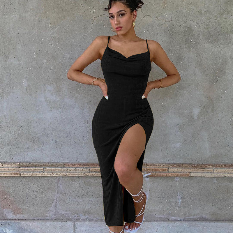 Elegant black stylish smooth knit dress featuring a thigh-high slit and slim straps