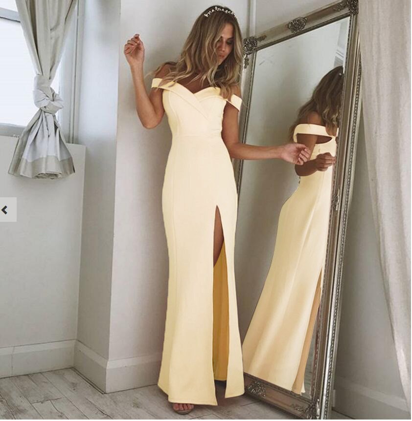 Elegant sunset breeze tube dress in yellow with a high slit and off-shoulder design