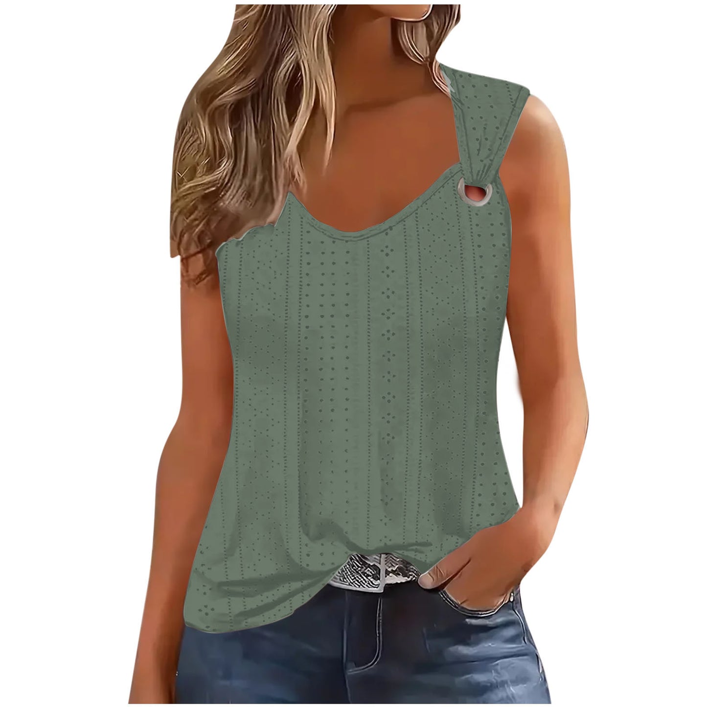Stylish 3Sixty5 timeless solid color tank top in green with unique shoulder cutout detail