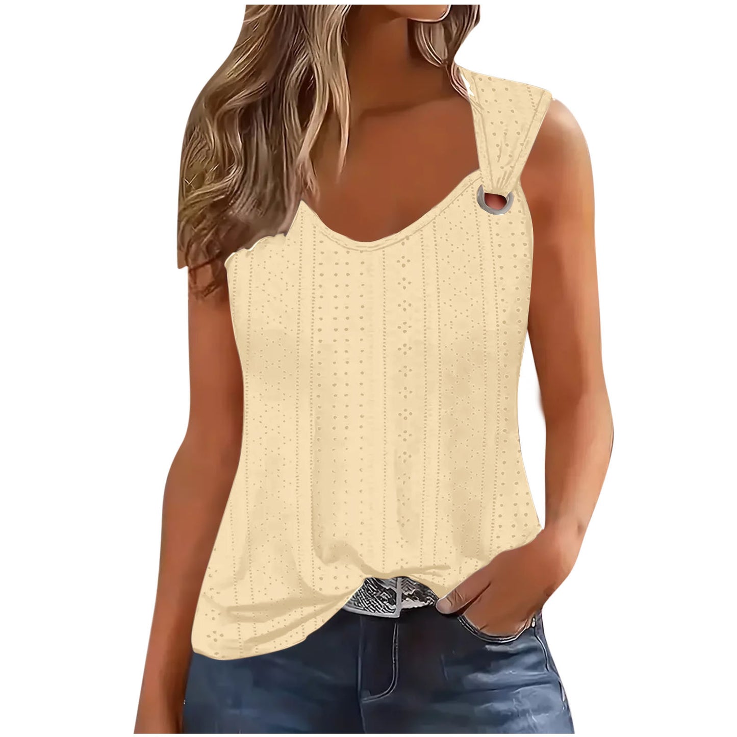 Stylish 3Sixty5 timeless solid color tank top in light beige with unique shoulder design