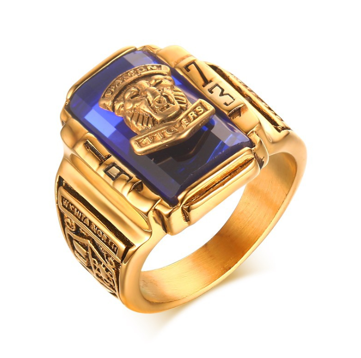 Stylish 3Sixty5 TitanTiger 1973 ring with a gold-tone finish and a large blue stone centerpiece