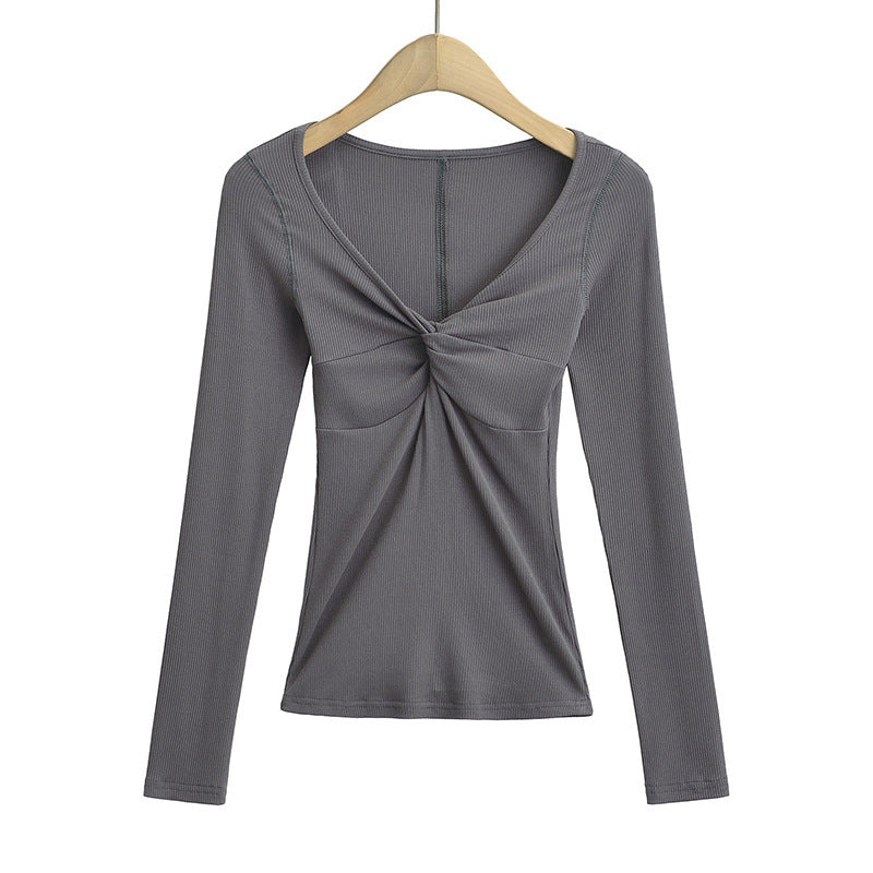 Stylish 3Sixty5 Twisted Allure French Crop Top in gray with long sleeves and a twisted front design