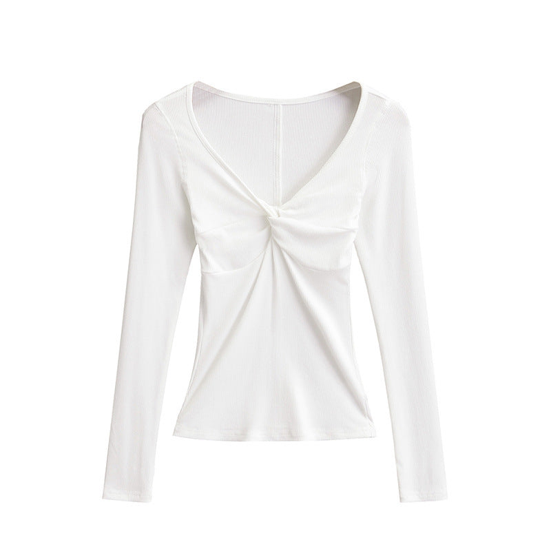 Stylish 3Sixty5 Twisted Allure French Crop Top in White with Long Sleeves and V-Neck Design