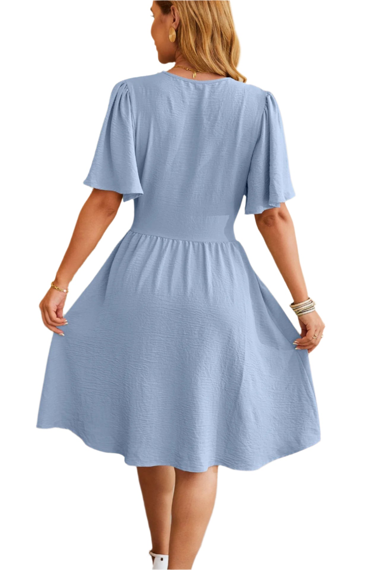 Back view of Stylish 3Sixty5 Velora V-Neck Dress in light blue with flutter sleeves and flared skirt
