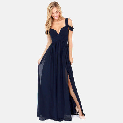 Stylish 3Sixty5 Grecian maxi dress in navy blue with a slitted skirt and cold shoulder design