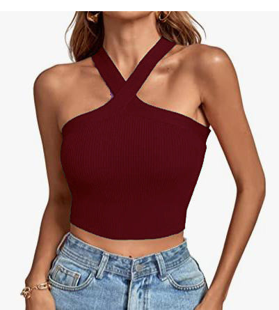 Stylish 3Sixty5 soft stretch knit halter tank in burgundy, perfect for casual outfits and summer wear