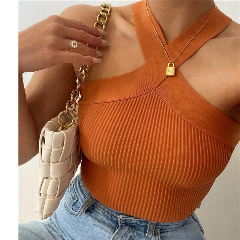 Stylish 3Sixty5 soft stretch knit halter tank in burnt orange with ribbed design, perfect for summer outfits