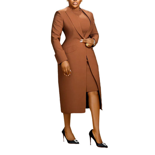 Stylish 3Sixty5 statement suit vest ensemble featuring a tailored brown coat and fitted dress