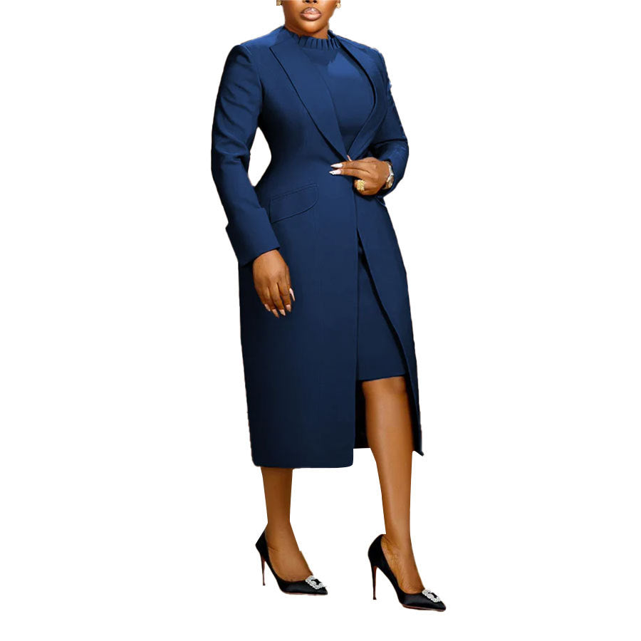 Stylish 3Sixty5 statement suit vest ensemble in navy with a tailored jacket and fitted dress