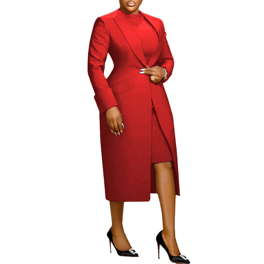 Stylish 3Sixty5 statement suit vest ensemble in red featuring a fitted dress and long coat design