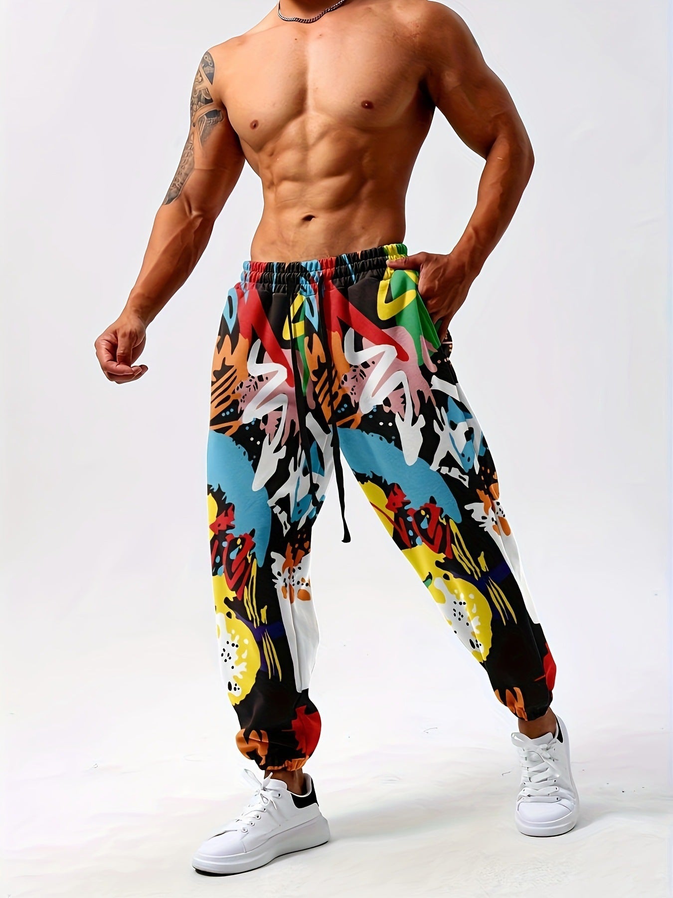Stylish 3Sixty5 vibrant print men's sweatpants in bold colors, perfect for casual outfits