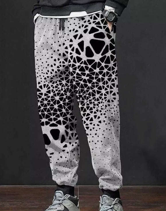 Vibrant print men's sweatpants in black and white geometric design for casual wear