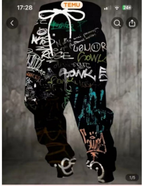 Vibrant print men's sweatpants featuring a graffiti design in black and colorful patterns