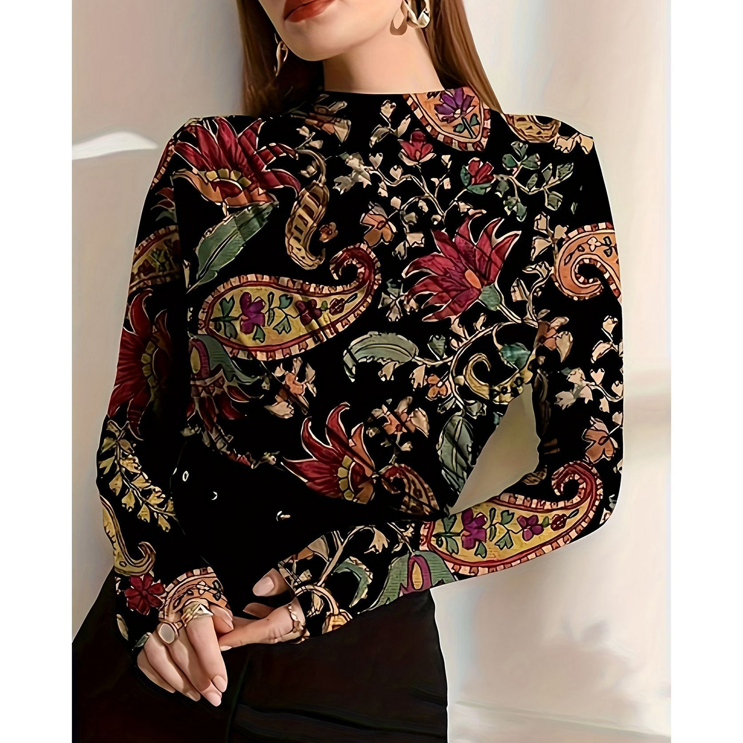 Stylish 3Sixty5 western-inspired plus size top featuring a colorful floral design on a black background