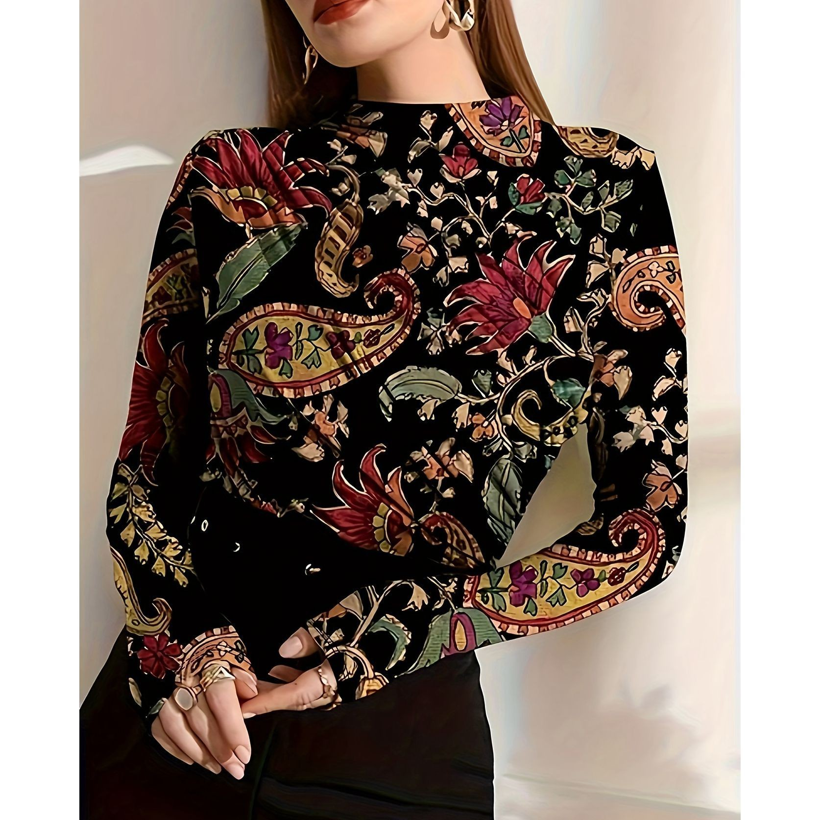 Stylish 3Sixty5 western-inspired plus size top featuring a colorful floral design on a black background