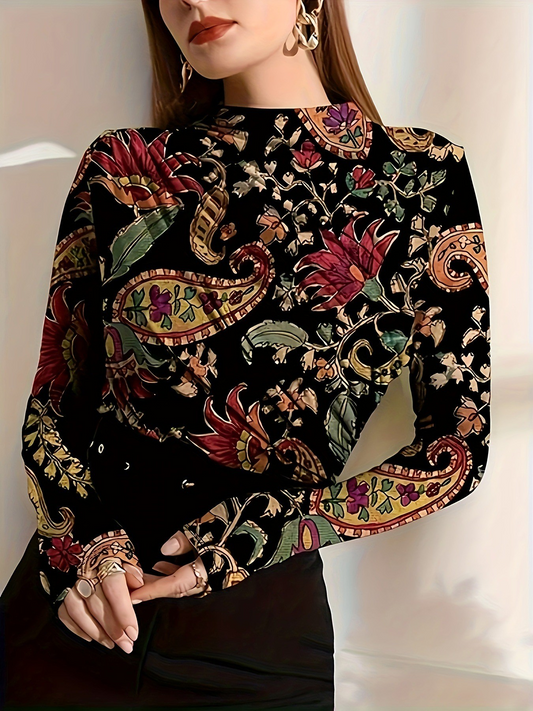 Stylish 3Sixty5 western-inspired plus size top in elegant floral pattern on a black background