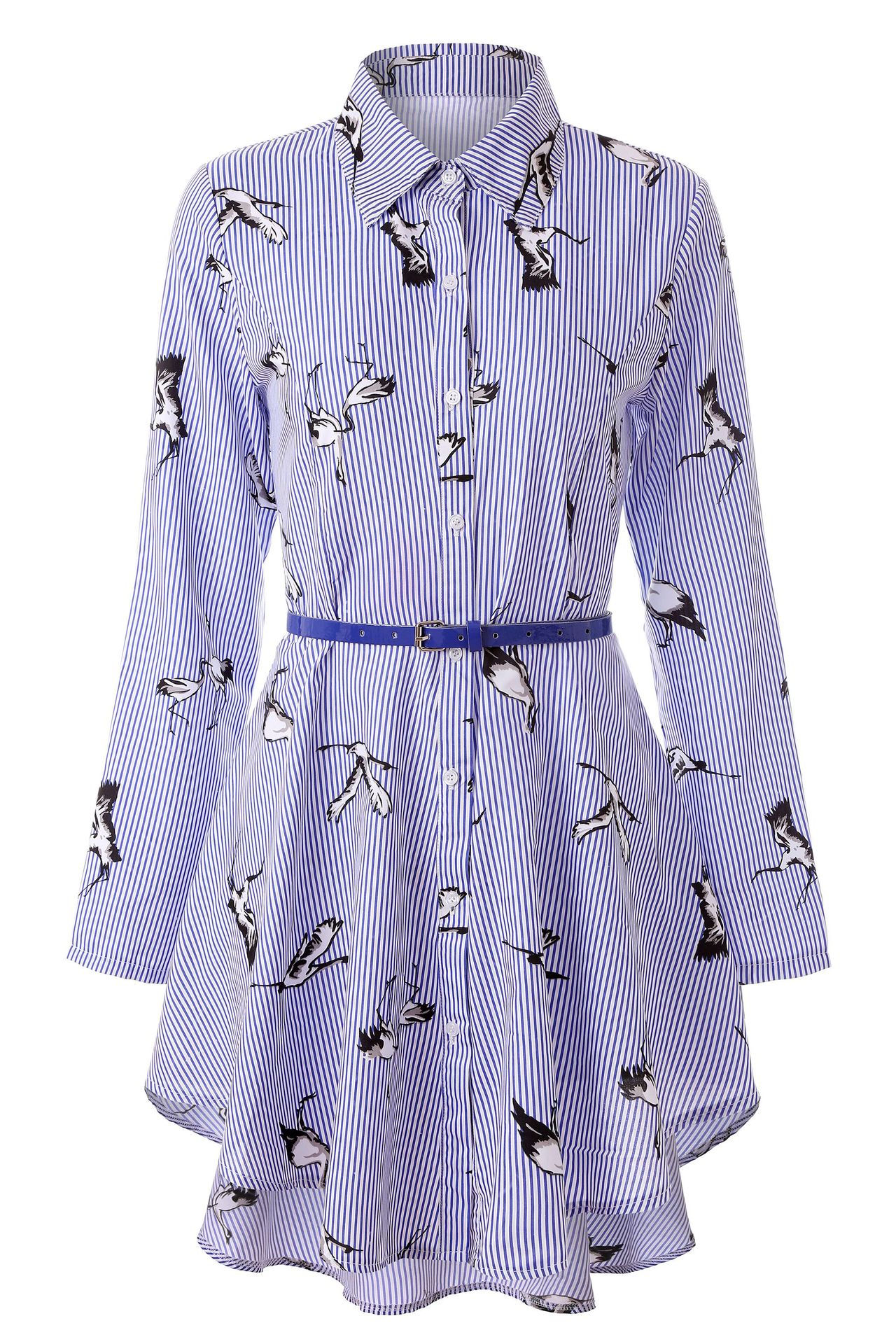 Stylish 3Sixty5 women's bold stripe blouse with bird print and belted waist for a trendy look