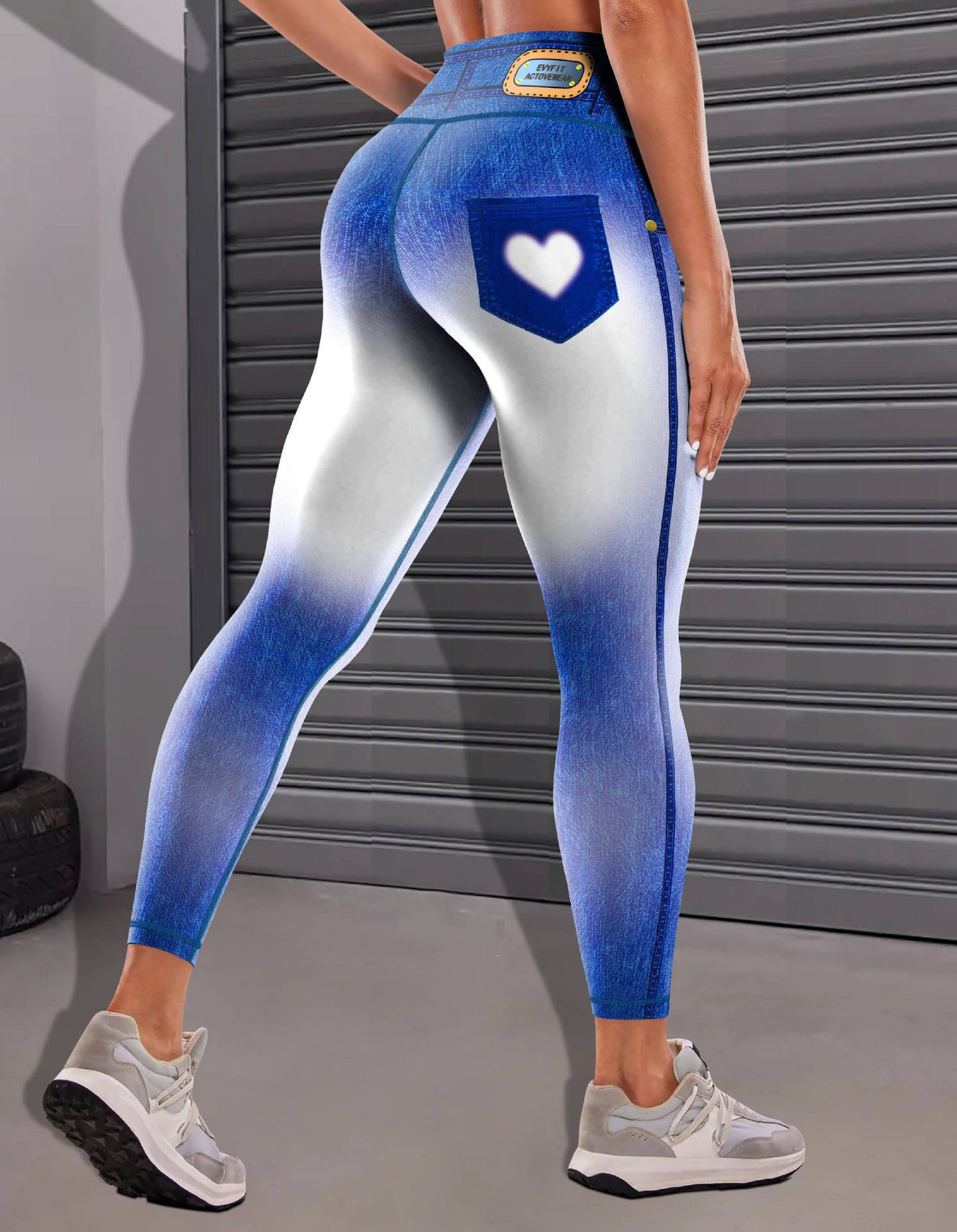 Stylish 3Sixty5 women's denim yoga pants with a heart-shaped pocket and a flattering fit