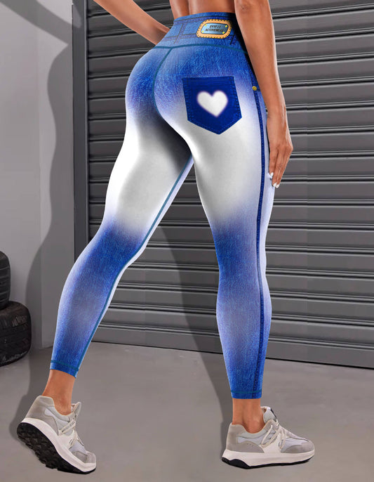 Stylish 3Sixty5 women's denim yoga pants with a heart-shaped pocket and a flattering fit