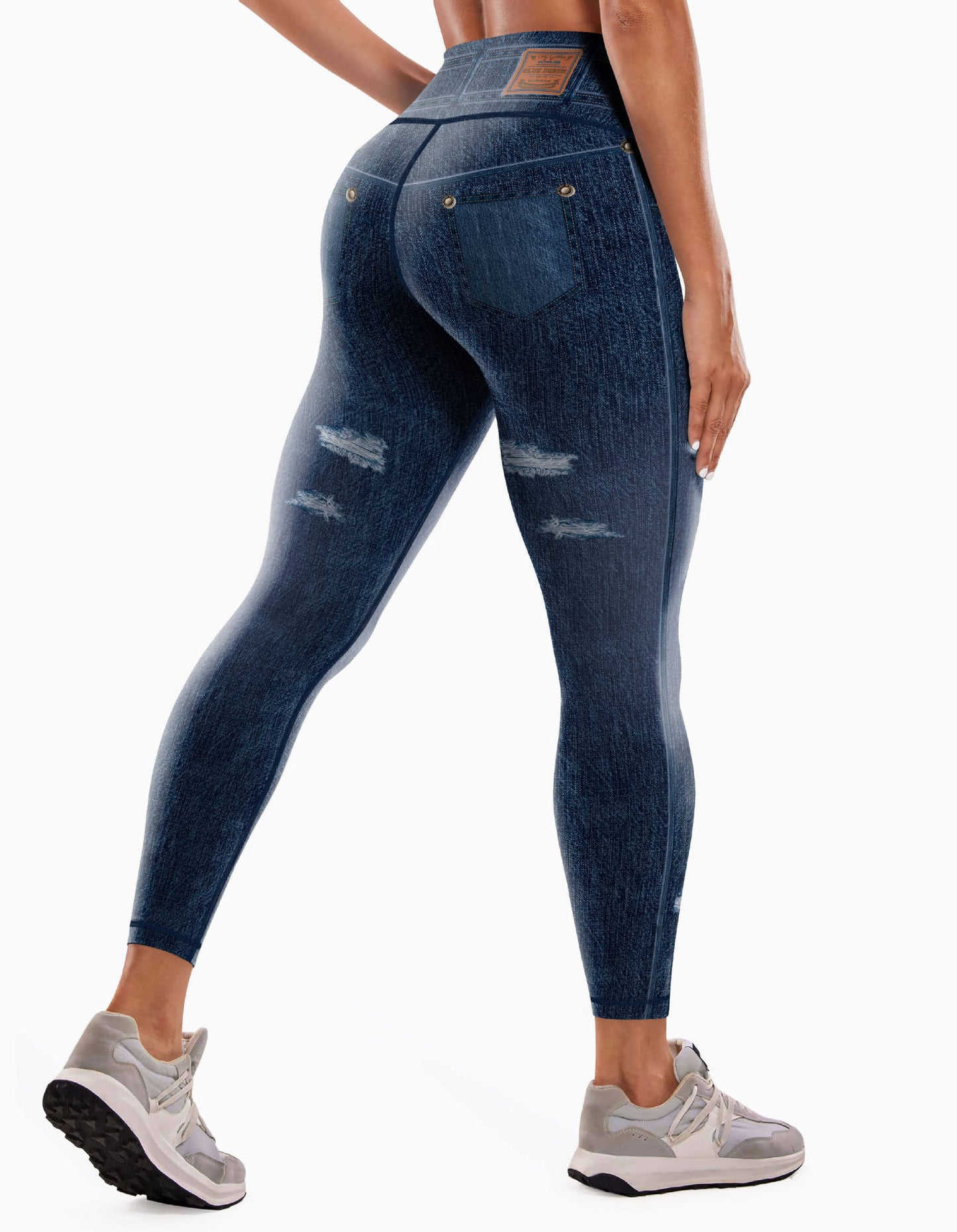 Stylish 3Sixty5 women's denim yoga pants with a high waist and distressed details